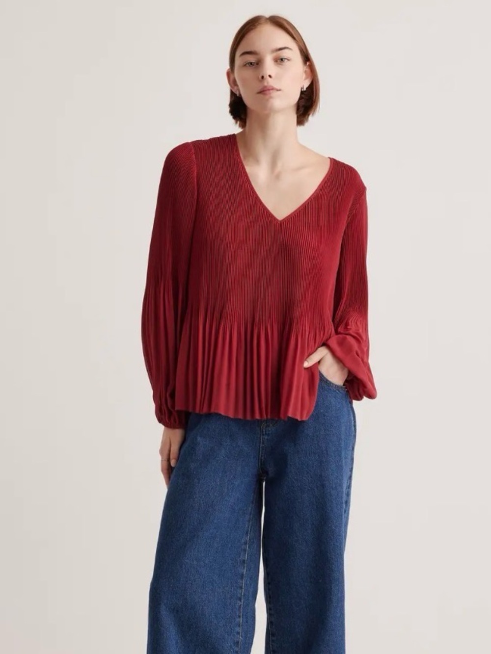 Quince Chiffon Pleated V-Neck‎ Blouse Bright burgundy Long  Sleeve Top Size S